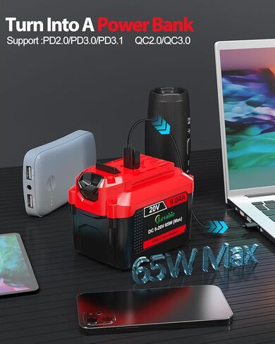 【USB-C Fast Charge】 20V9.0AH Replacement for Craftsman 20V Battery with 65W Type-C Input/Output Port, Compatible with Craftsman V20 Battery CMCB204, CMCB205, CMCB206, CMCB209, CMCB202, CMCB201 in Kuwait