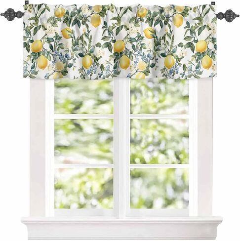 Watercolor Summer Lemon Flower on Beige Window Valances, Rod Pocket Kitchen Curtain Valance, Green Leaves Short Valance Window Treatment Topper Curtains for Living Room Bedroom,54x18In in Saudi Arabia