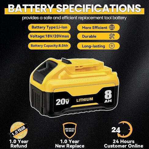 Replacement for Dewalt 20V Max Battery: 8.0Ah Lithium Batteries Compatible with Dewalt DCB200 Cordless Power Tools Craft Woodworker Gardening Work 2 Pack in Kuwait