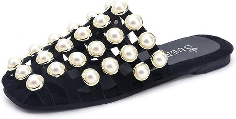 CROSSBABY Women's Pearl Closed Toe Mule Slides,Fashion Summer Square Toe Hollow Out Backless Sandals，Comfortable Casual Dress Beach Slippers in Kuwait