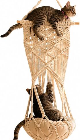 Macrame Cat Hammock,Macrame Hanging Cat Bed with Catnip Cushion and Hanging Kit (1.Macrame Hammock with Cat Bed) in Saudi Arabia
