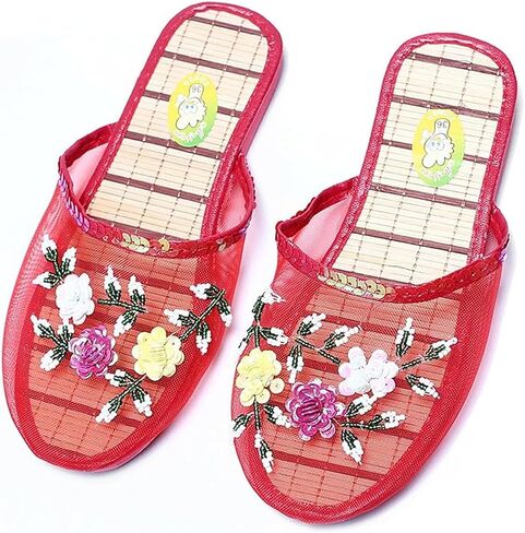 Chinese Slippers for Women, Breathable Mesh Floral Slippers, Bamboo Flats Sandals, Indoor Lightweight House Shoes in Kuwait