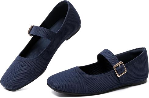 Knit Flats for Women Square Toe Slip On Casual Ballet Flats with Adjustable Strap Soft Foldable Mary Jane Shoes for Dressy Office Work Daily in Kuwait