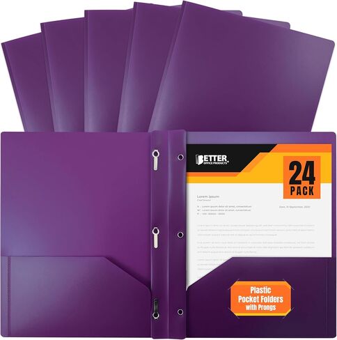 Better Office Products Purple Plastic 2 Pocket Folders with Prongs, Heavyweight, Letter Size Poly Folders, 24 Pack, with 3 Metal Prongs Fastener Clips, Purple in Saudi Arabia