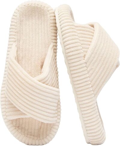 Women’s Corduroy Memory Foam Slippers Open Toe Slip-On Slippers for Womens with Cushioned Thick Sole Crossband Soft House Slippers & Bedroom Shoes in Kuwait