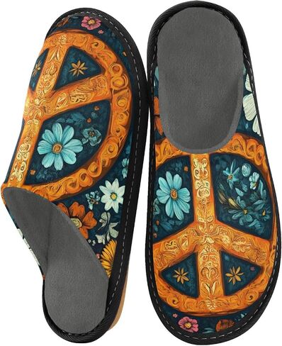 House Slippers Flower Peace Sign Print for Women Men Rubber Sole Memory Foam Indoor Outdoor 4-5 in Kuwait