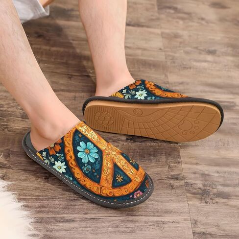 House Slippers Flower Peace Sign Print for Women Men Rubber Sole Memory Foam Indoor Outdoor 4-5 in Kuwait