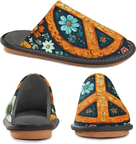 House Slippers Flower Peace Sign Print for Women Men Rubber Sole Memory Foam Indoor Outdoor 4-5 in Kuwait