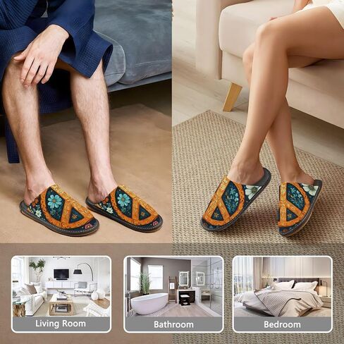House Slippers Flower Peace Sign Print for Women Men Rubber Sole Memory Foam Indoor Outdoor 4-5 in Kuwait