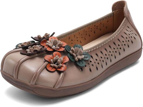 Women's Leather Flats Cut Out Elegant Flower Loafers Non Slip Breathable Square Toe Slip-On Low Heels Walking Shoes in Kuwait