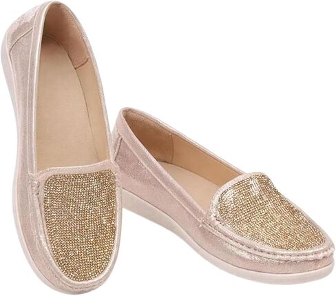 Women Rhinestone Slip-On Loafers Glitter Shimmer Casual Shoes Comfortable Low Wedge Flats for Work and Everyday Wear in Kuwait