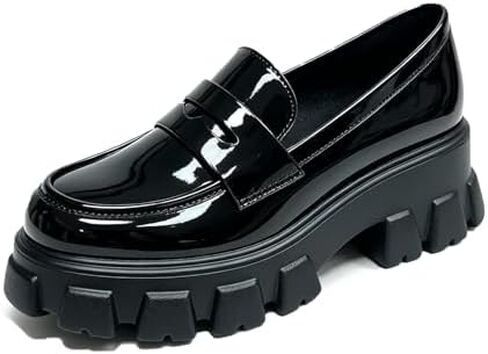 Women's Patent Leather Slip-On Platform Chunky Loafers Black Platform Dressy Shoes for Work & Business in Kuwait
