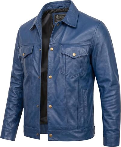 Vintage Style Trucker Leather Jacket Men Real Lambskin Vintage Trucker Shirt Collar Mens Leather Jackets in Saudi Arabia
