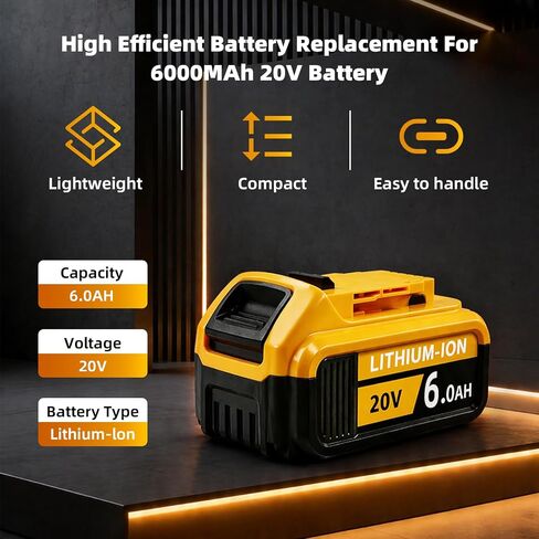 2 Pack 6Ah Replacement Battery for Dw 20V MAX Battery, 20 Volt Batteries Compatible with Dw 20V Tools DCB200 DCB201 DCB202 DCB203 DCB204 DCB206 DCB210 Series Power Tools Lightweight in Kuwait