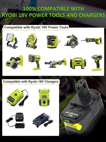 2Pack 8000mAh High Capacity Replacement for Ryobi 18V Battery and Charger | Compatible with Ryobi 18V ONE+ Lithium Battery P108 P104 P105 P102 P103 P122 P109 Cordless Power Tools and Charger in Kuwait