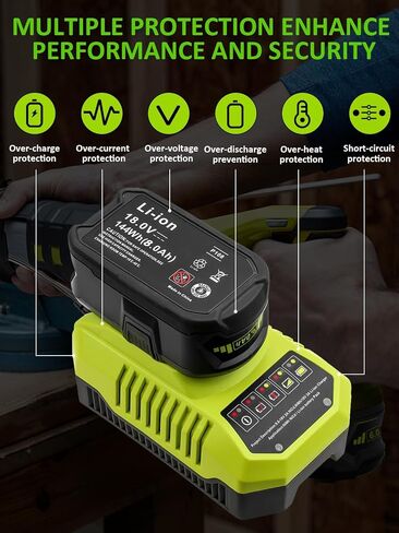 2Pack 8000mAh High Capacity Replacement for Ryobi 18V Battery and Charger | Compatible with Ryobi 18V ONE+ Lithium Battery P108 P104 P105 P102 P103 P122 P109 Cordless Power Tools and Charger in Kuwait
