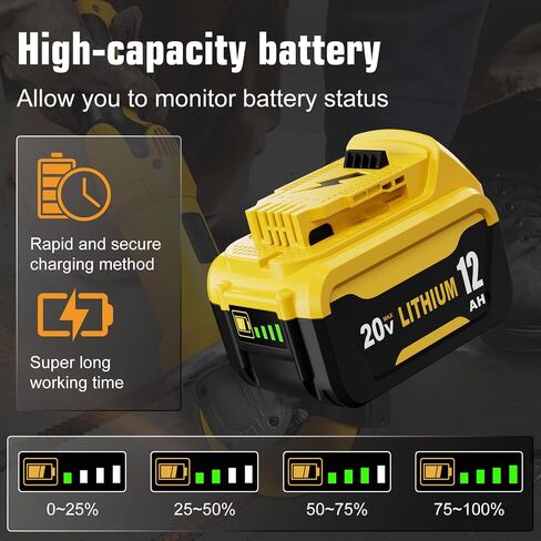 2 Pack 12000mAh High Capacity Replacement for Dewalt 20V MAX Battery 12.0Ah and DCB107 Charger Combo Compatible with Dewalt 20V Battery Lithium DCB206 DCB207 DCB204 DCB200 Power Tool in Kuwait