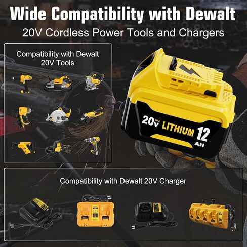 2 Pack 12000mAh High Capacity Replacement for Dewalt 20V MAX Battery 12.0Ah and DCB107 Charger Combo Compatible with Dewalt 20V Battery Lithium DCB206 DCB207 DCB204 DCB200 Power Tool in Kuwait
