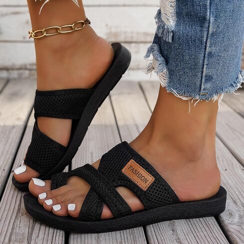 Women's Mesh Toe Ring Flat Sandals Cross Strap Slip-On Slides Casual Summer Beach Shoes in Kuwait