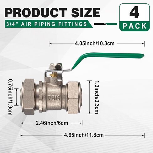 Hicarer 4 Pcs 3/4'' Air Piping Fittings, Brass Ball Valve, 3/4'' Shut-Off Fittings Fit for Shop Garage Compressed Air Piping System, 200 PSI Nickel Plated Brass in Kuwait
