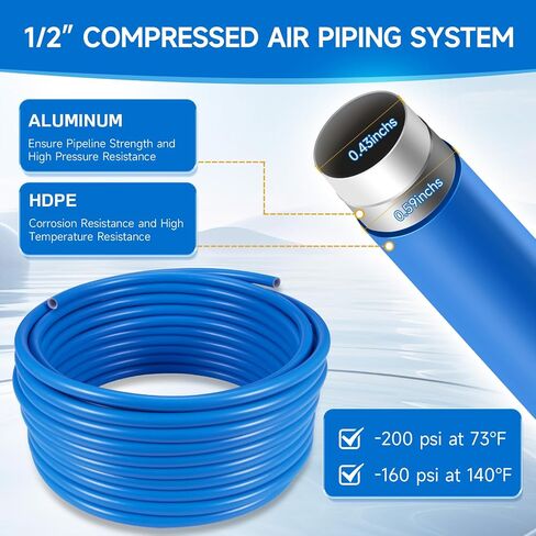 200FT ×1/2" Compressed Air Line Kit, HDPE-Aluminum Piping Leak-Proof | Shop Air Line Kit, Garage Rapid Air System, Air Compressor Hose Kit Easy to Install in Kuwait