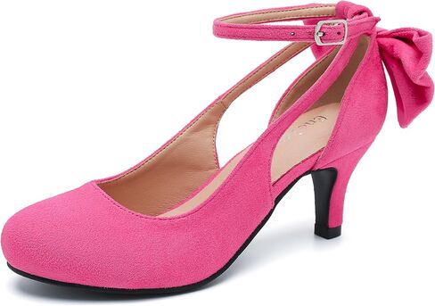 Women's Kitten Heel Pumps with Bow Ankle Strap Buckle Closed Toe Comfortable Vintage Wedding Evening Party Dress Office Work Church Shoes in Kuwait