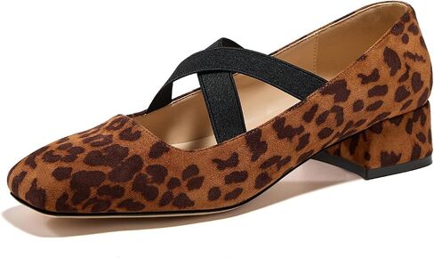 Women's Mary Jane Chunky Low Heels Crossed Elastic Strap Square Toe Pumps | Classic mary jane style, soft elastic cross straps, stable block heel, ideal for office, work, weddings and everyday wear in Kuwait