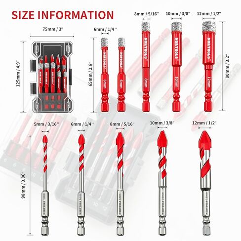 Diamond Drill Bits Set 10PCS, Tile Drill Bits 3/16"1/4"5/16" 3/8"1/2" with Hex Shank for Porcelain,Tile,Ceramic,Glass,Granite,Concrete,Masonry,Built-in Cooling Wax in Kuwait