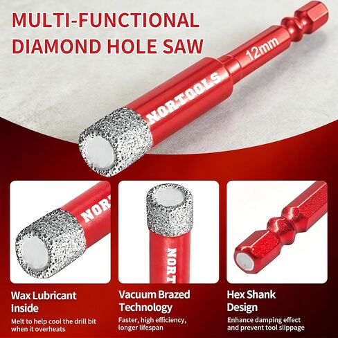 Diamond Drill Bits Set 10PCS, Tile Drill Bits 3/16"1/4"5/16" 3/8"1/2" with Hex Shank for Porcelain,Tile,Ceramic,Glass,Granite,Concrete,Masonry,Built-in Cooling Wax in Kuwait