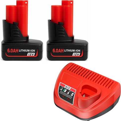 VOLT1799 2Packs 6.0Ah 12V Batteries 48-11-2460 and Rapid Charger for Mliwaukee 12v Tools in Kuwait