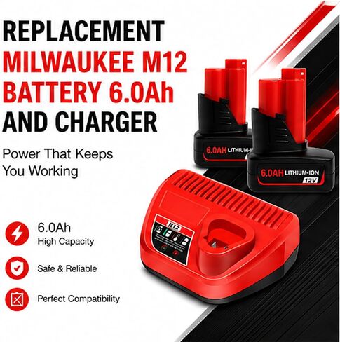 VOLT1799 2Packs 6.0Ah 12V Batteries 48-11-2460 and Rapid Charger for Mliwaukee 12v Tools in Kuwait