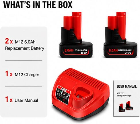 VOLT1799 2Packs 6.0Ah 12V Batteries 48-11-2460 and Rapid Charger for Mliwaukee 12v Tools in Kuwait