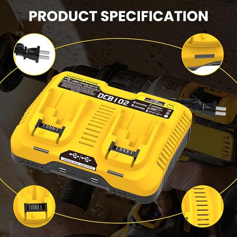 DCB102 20V Dual Port Charger Replacement for Dewalt 12V-20V Battery Charger | Compatible with Dewalt 12V/20V Max Battery DCB120 DCB121 DCB123 DCB203 DCB206 DCB208 in Kuwait