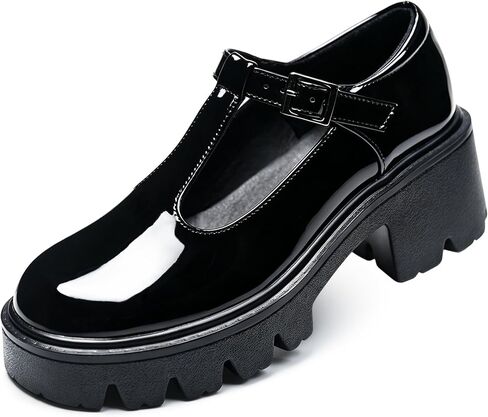 Black T-Strap Mary Jane Shoes for Women, Round Toe Block Heel Platform Patent Leather Dress Pumps in Kuwait