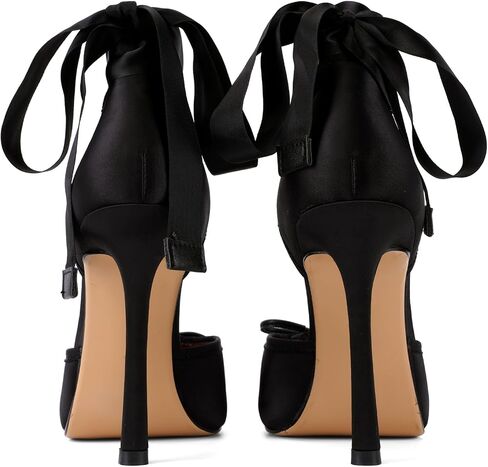 Satin Ballet Heels for Women Square Toe Mary Jane Stiletto Pumps wth Ribbon Lace Up Elegant Ballerina High Heels for Wedding Party Dress-9 Black in Kuwait