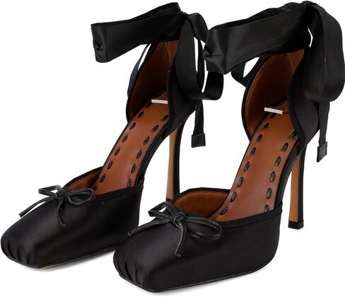 Satin Ballet Heels for Women Square Toe Mary Jane Stiletto Pumps wth Ribbon Lace Up Elegant Ballerina High Heels for Wedding Party Dress-9 Black in Kuwait