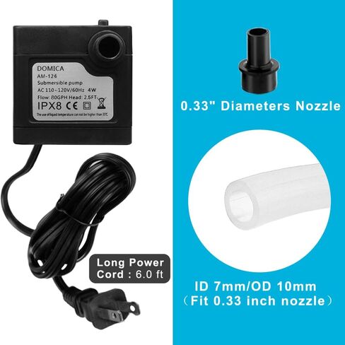 DOMICA (80GPH 4W) Mini Submersible Water Pump with 2.2FT Tube for Pond, Aquariums, Fish Tank, Hydroponics, Tabletop Fountain, Pet Fountain, Indoor or Outdoor Fountain Pump in Saudi Arabia