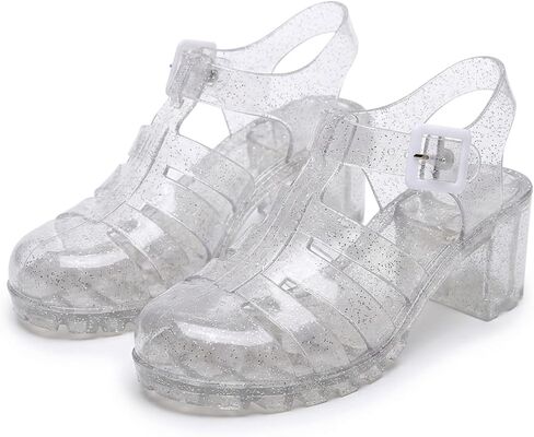 Womens Clear Jelly Sandals Glitter Strappy Cage Shoes Transparent Chunky Block Heel Ankle Strap Sandals for Summer in Kuwait