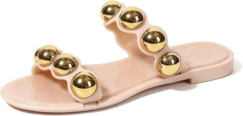 Jelly Sandals for Women Studded Metallic Jellies Shoes Two Strap Slide Slip On Beaded Gold Silver in Kuwait