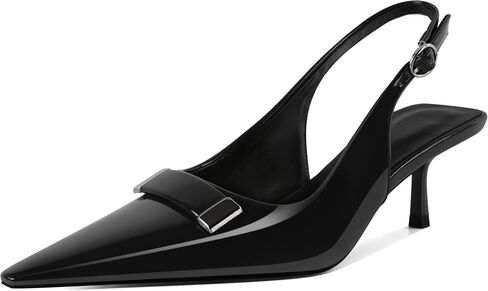 Women's 2 Inch Stylish Metal Buckle Ankle Strap Kitten Low Heel Pointed Toe Slingback Heels Pumps High Heel Genuine Leather in Kuwait