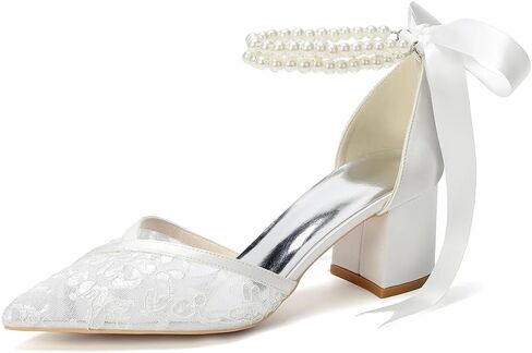 Lace Wedding Shoes for Bride Block Heel Bridal Shoes Pointed Toe Pearl Heels in Kuwait