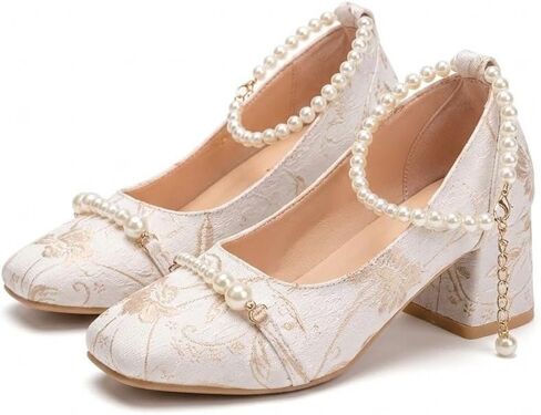 Women's Elegant Vintage Floral Brocade Mary Jane Block Heels, Pearl Ankle Strap Square Toe Comfortable Wedding Party Pumps All Season in Kuwait