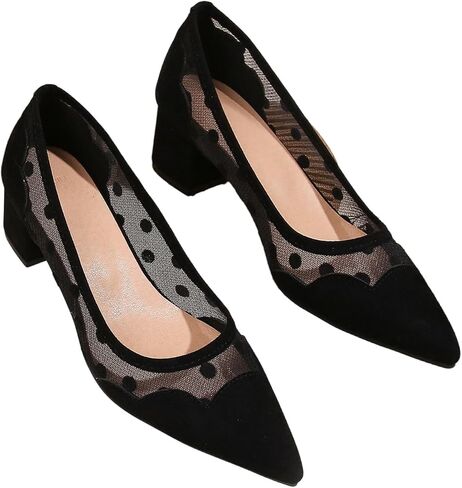 GORGLITTER Women's Polka Dots Pointed Toe Chunky Pumps Shoes Dressy Sheer Mesh Business Casual Comfortable Block Heel Shoes in Kuwait
