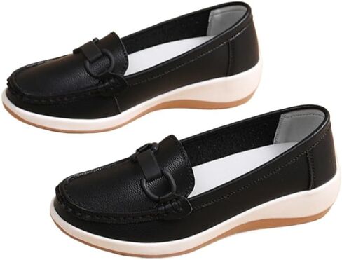 Women's Leather Classic Wedge Moccasin Loafers - Slip On Breathable Perforated Casual Driving Shoes in Kuwait