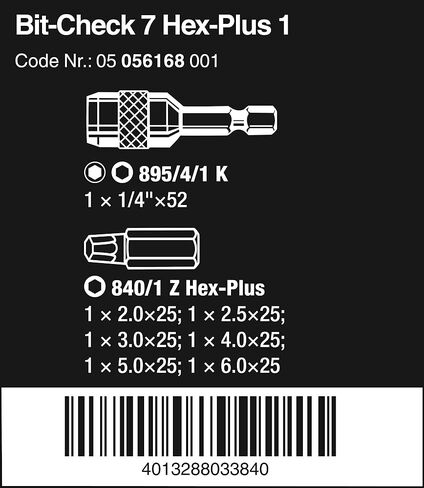 Wera 056168 Bit-Check Set 8040-6/Z Extra-tough for Drill/Drivers, Metal Jointing, Hex-Plus 2.0 mm-6.0 mm 7pc in Kuwait