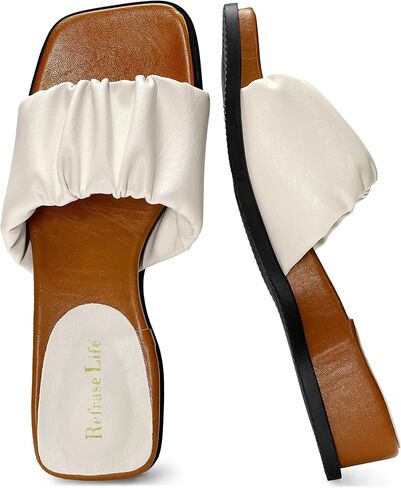 REFRASE LIFE Women's Slide Sandals Open Toe Low Wedge with Ruched Band, Retro Comfortable Slip On Casual Summer Dressy Shoes Cream in Kuwait