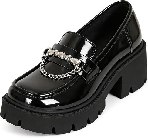 Women Fashion Chain Chunky Heel Platform Loafers Comfortable Lightweight Anti-Slip Lug Sole Slip-On Dress Shoes for Work Party Casual Daily Wear Punk Style in Kuwait