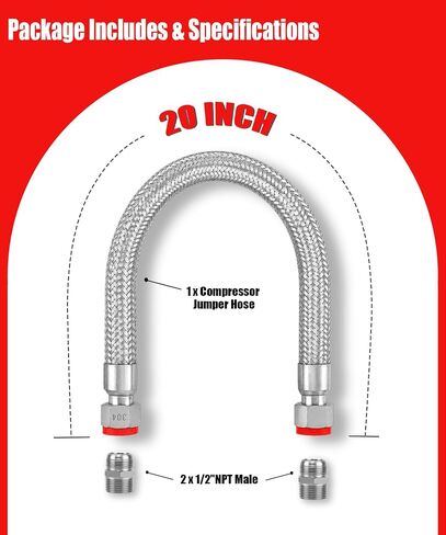 Industrial Grade 1/2" NPT Male Compressor Jumper Hose 20" Length, Stainless Steel Air Compressor Hose, Corrugated Core, Braided Sleeve, 450 PSI, 750°F, Dual Swivel Fittings in Kuwait