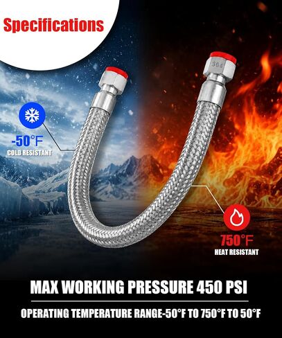 Industrial Grade 1/2" NPT Male Compressor Jumper Hose 20" Length, Stainless Steel Air Compressor Hose, Corrugated Core, Braided Sleeve, 450 PSI, 750°F, Dual Swivel Fittings in Kuwait