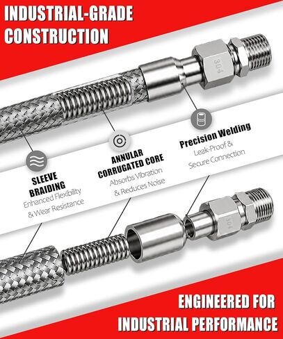 Industrial Grade 1/2" NPT Male Compressor Jumper Hose 20" Length, Stainless Steel Air Compressor Hose, Corrugated Core, Braided Sleeve, 450 PSI, 750°F, Dual Swivel Fittings in Kuwait